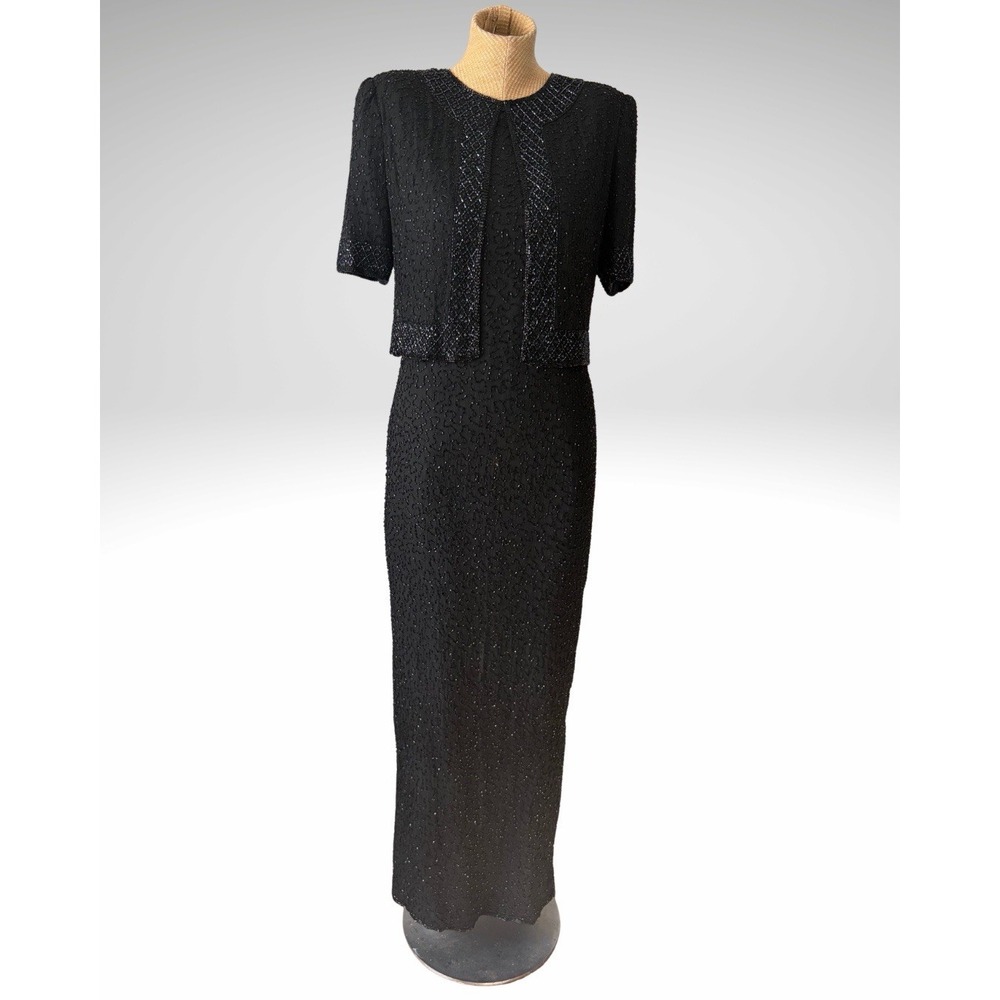 VTG 90s Y2K Brilliante Beaded Silk Dress Gown Black Short Sleeve Maxi Size Med
